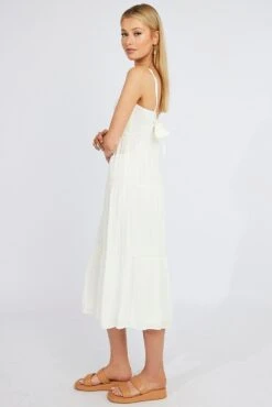 White Midi Dress Sleeveless Shirred Tie Back -Midi Dresses Style dd1863 35rb white 4