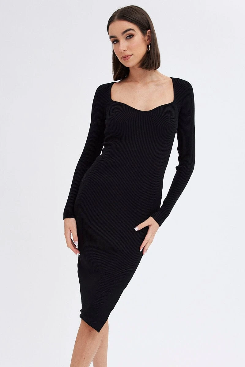 Black Knit Dress Sweetheart Neck Long Sleeve Midi 3 Black Knit Dress Sweetheart Neck Long Sleeve Midi