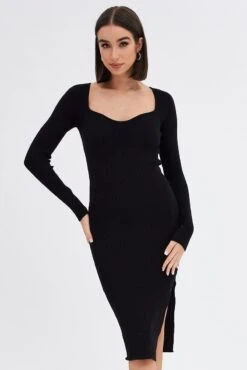 Black Knit Dress Sweetheart Neck Long Sleeve Midi 10 Black Knit Dress Sweetheart Neck Long Sleeve Midi -Midi Dresses Style dd2242a 40p black 3
