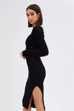 Black Knit Dress Sweetheart Neck Long Sleeve Midi 11 Black Knit Dress Sweetheart Neck Long Sleeve Midi -Midi Dresses Style dd2242a 40p black 4
