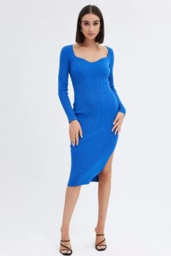 Blue Knit Dress Sweetheart Neck Long Sleeve Midi 10 Blue Knit Dress Sweetheart Neck Long Sleeve Midi -Midi Dresses Style dd2242a 40pb blue 3
