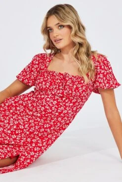 Red Ditsy Midi Dress Short Sleeve Ruched Bust