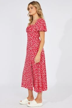 Red Ditsy Midi Dress Short Sleeve Ruched Bust -Midi Dresses Style dd2244e 81r ditsy 4