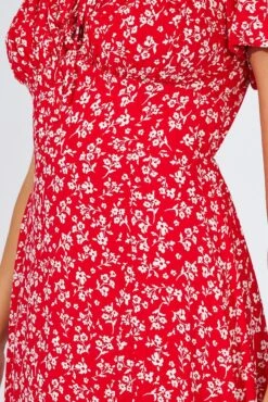 Red Ditsy Midi Dress Short Sleeve Ruched Bust -Midi Dresses Style dd2244e 81r ditsy 6