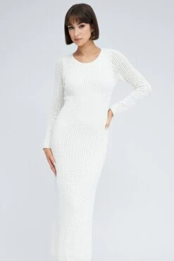 White Crochet Maxi Knit Dress -Midi Dresses Style dd2575 40pb white 2