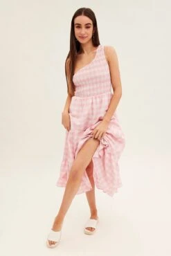 Pink Check Midi Dress One Shoulder Shirred Body