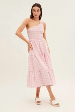 Pink Check Midi Dress One Shoulder Shirred Body -Midi Dresses Style dd25915a 10rb check 3