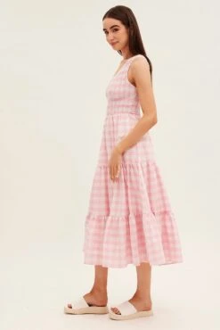 Pink Check Midi Dress One Shoulder Shirred Body -Midi Dresses Style dd25915a 10rb check 4