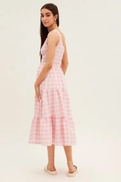 Pink Check Midi Dress One Shoulder Shirred Body -Midi Dresses Style dd25915a 10rb check 5