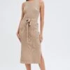 Beige Knit Dress Sleeveless Round Neck Belted Midi