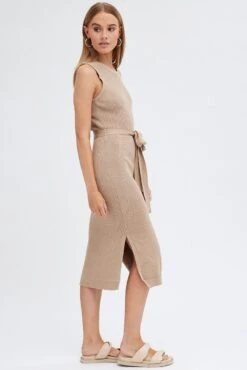 Beige Knit Dress Sleeveless Round Neck Belted Midi -Midi Dresses Style dd2678 40p beige 4
