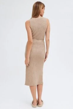 Beige Knit Dress Sleeveless Round Neck Belted Midi -Midi Dresses Style dd2678 40p beige 5