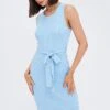 Blue Knit Dress Sleeveless Round Neck Belted Midi -Midi Dresses Style dd2678 40pb dusty blue 1