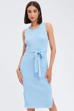 Blue Knit Dress Sleeveless Round Neck Belted Midi 10 Blue Knit Dress Sleeveless Round Neck Belted Midi -Midi Dresses Style dd2678 40pb dusty blue 3