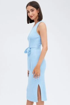 Blue Knit Dress Sleeveless Round Neck Belted Midi 11 Blue Knit Dress Sleeveless Round Neck Belted Midi -Midi Dresses Style dd2678 40pb dusty blue 4