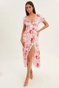 Pink Floral Midi Dress Short Sleeve Sweet Heart Neck -Midi Dresses Style dd2726a 81pb floral 3