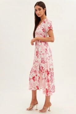 Pink Floral Midi Dress Short Sleeve Sweet Heart Neck -Midi Dresses Style dd2726a 81pb floral 4