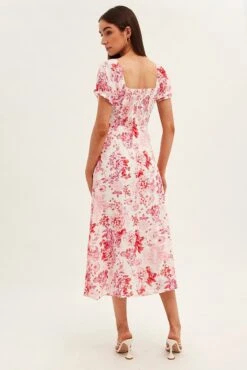 Pink Floral Midi Dress Short Sleeve Sweet Heart Neck -Midi Dresses Style dd2726a 81pb floral 5