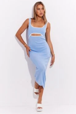 Blue Knit Dress Midi Sleeveless Contrast Binding