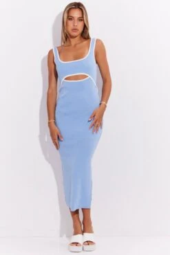 Blue Knit Dress Midi Sleeveless Contrast Binding -Midi Dresses Style dd2755 40pb blue 3