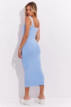 Blue Knit Dress Midi Sleeveless Contrast Binding -Midi Dresses Style dd2755 40pb blue 5
