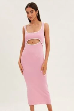 Pink Knit Dress Midi Sleeveless Contrast Binding -Midi Dresses Style dd2755 40pb pink 2