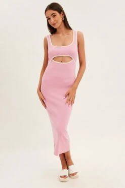 Pink Knit Dress Midi Sleeveless Contrast Binding -Midi Dresses Style dd2755 40pb pink 3