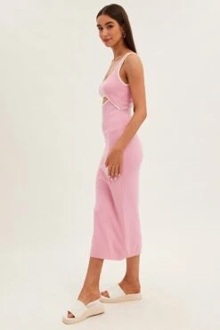 Pink Knit Dress Midi Sleeveless Contrast Binding -Midi Dresses Style dd2755 40pb pink 4