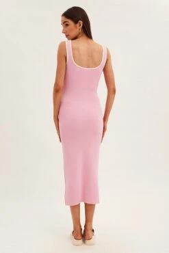 Pink Knit Dress Midi Sleeveless Contrast Binding -Midi Dresses Style dd2755 40pb pink 5