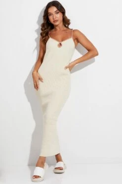 Beige Knit Dress Midi Contrast Bind -Midi Dresses Style dd2766 40pb nude 3