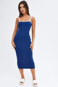 Blue Knit Dress Sleeveless Midi Contrast Bind -Midi Dresses Style dd2835 40p navy 3
