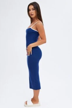 Blue Knit Dress Sleeveless Midi Contrast Bind -Midi Dresses Style dd2835 40p navy 4