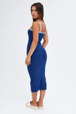Blue Knit Dress Sleeveless Midi Contrast Bind -Midi Dresses Style dd2835 40p navy 5