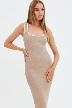 Brown Knit Dress Midi Square Neck Contrast Binding -Midi Dresses Style dd2836 40pb mocha 2