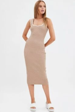 Brown Knit Dress Midi Square Neck Contrast Binding -Midi Dresses Style dd2836 40pb mocha 3