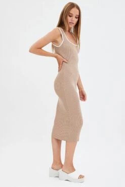 Brown Knit Dress Midi Square Neck Contrast Binding -Midi Dresses Style dd2836 40pb mocha 4