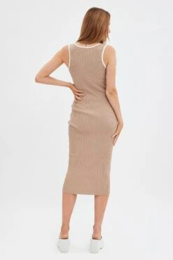 Brown Knit Dress Midi Square Neck Contrast Binding -Midi Dresses Style dd2836 40pb mocha 5