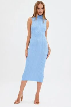 Blue Knit Dress Midi Square Neck -Midi Dresses Style dd2836a 40pb sky blue 3