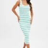 Blue Stripe Knit Dress Midi Square Neck -Midi Dresses Style dd2844 40p stripe 1