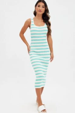 Blue Stripe Knit Dress Midi Square Neck -Midi Dresses Style dd2844 40p stripe 3