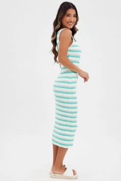 Blue Stripe Knit Dress Midi Square Neck -Midi Dresses Style dd2844 40p stripe 4