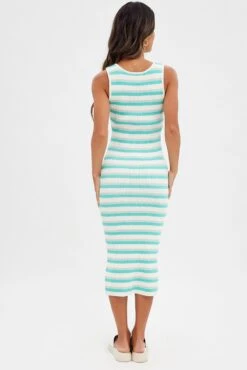 Blue Stripe Knit Dress Midi Square Neck -Midi Dresses Style dd2844 40p stripe 5
