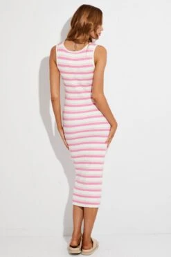 Pink Stripe Knit Dress Midi Square Neck -Midi Dresses Style dd2844a 40pb stripe 5