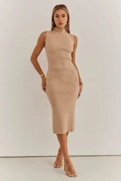 Beige Knit Dress High Neck Sleeveless Midi -Midi Dresses Style dd2886ax 40p beige 3