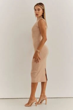Beige Knit Dress High Neck Sleeveless Midi -Midi Dresses Style dd2886ax 40p beige 4