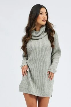 Grey Knit Dress Turtle Neck Long Sleeve Mini