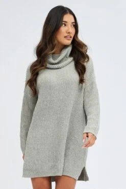 Grey Knit Dress Turtle Neck Long Sleeve Mini -Midi Dresses Style dd2925 40pb grey 3