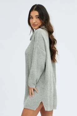 Grey Knit Dress Turtle Neck Long Sleeve Mini -Midi Dresses Style dd2925 40pb grey 4