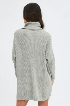 Grey Knit Dress Turtle Neck Long Sleeve Mini -Midi Dresses Style dd2925 40pb grey 5