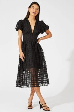 Black Midi Dress Puff Sleeve V-Neck -Midi Dresses Style dd2943 34pb black 3